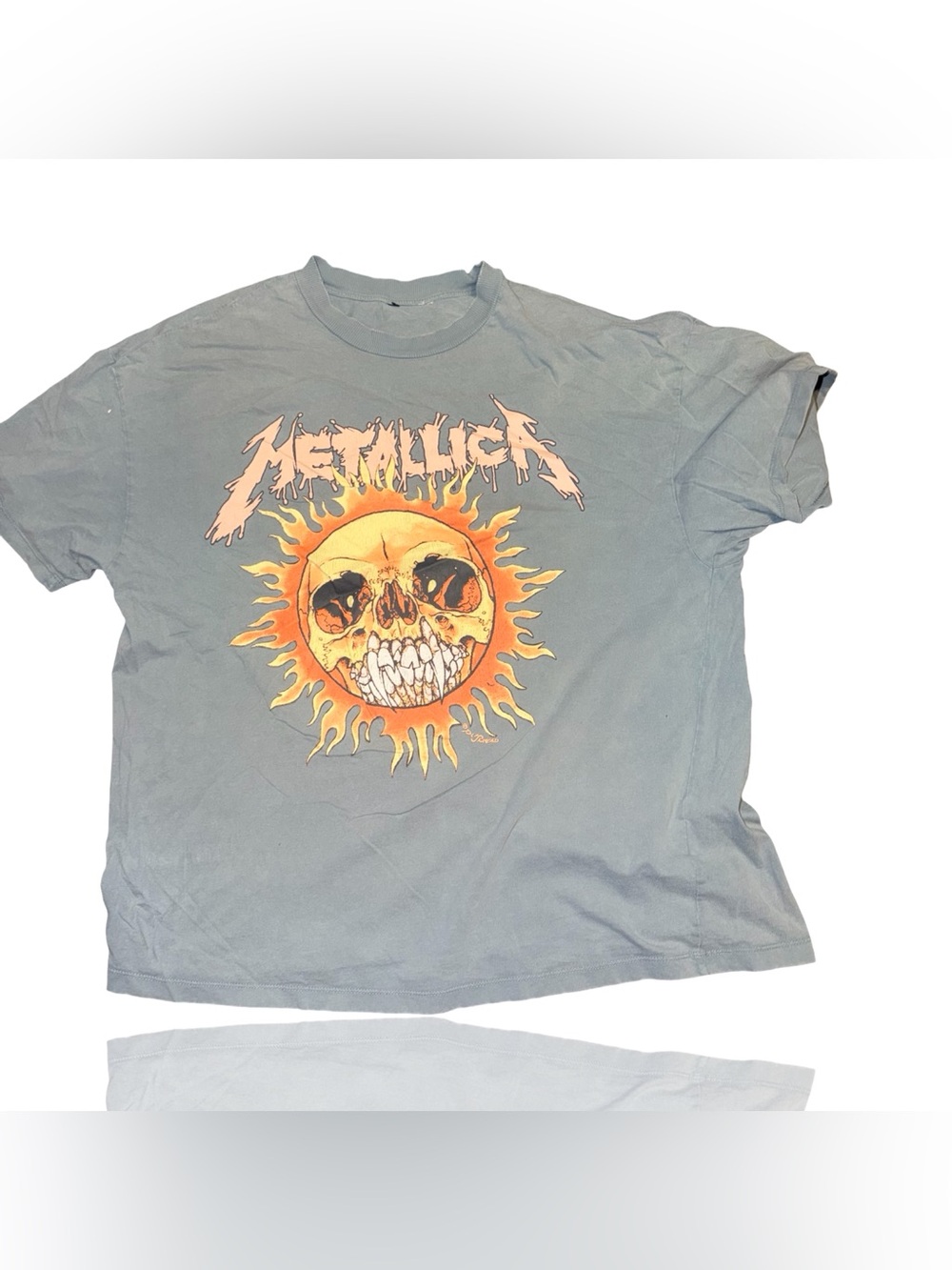 Metallica Flaming Skull Pushead Graphic T-Shirt Unisex Gray Crew Tee
